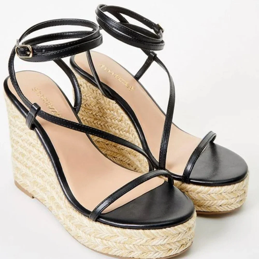 Black Strappy Espadrille Platform Wedge Sandals